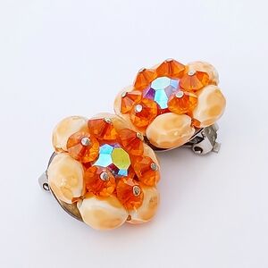 VINTAGE ORANGE SHELL EARRINGS AB cluster clipon MCM tropical Party Cowrie Glam